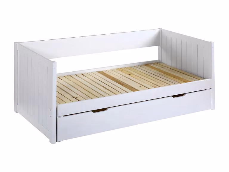 Cama nido ALFIERO II en color blanco con somier a tablas y cajón, fabricada en pino y MDF, An/P/Al: 90 x 190 cm