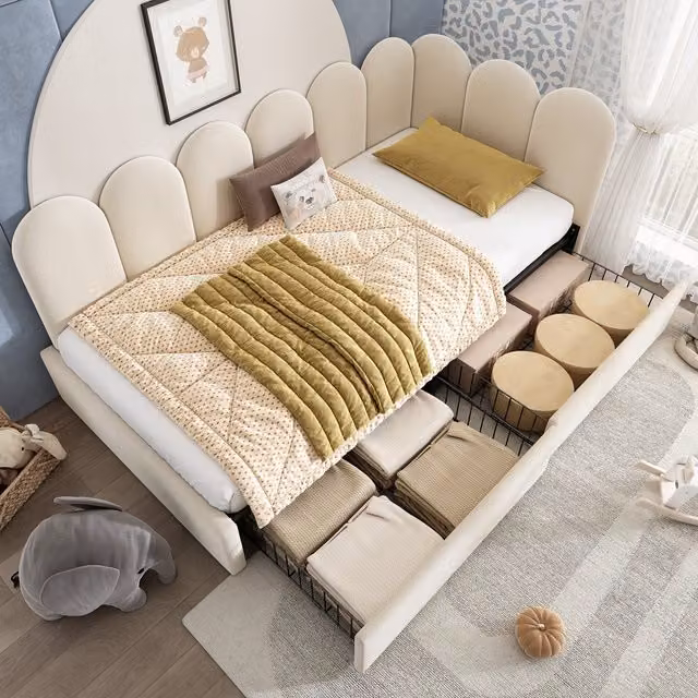Cama Nido Individual MODENVIE Tapizada en Terciopelo Beige con 2 Cajones, An/P/Al: 90 x 190 x 76 cm