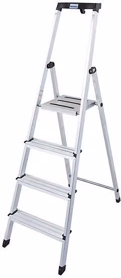 Escalera de seguridad Krause Safety de 4 escalones en aluminio color plata y blanco con bandeja y pies de goma, altura de trabajo de 2,85 m