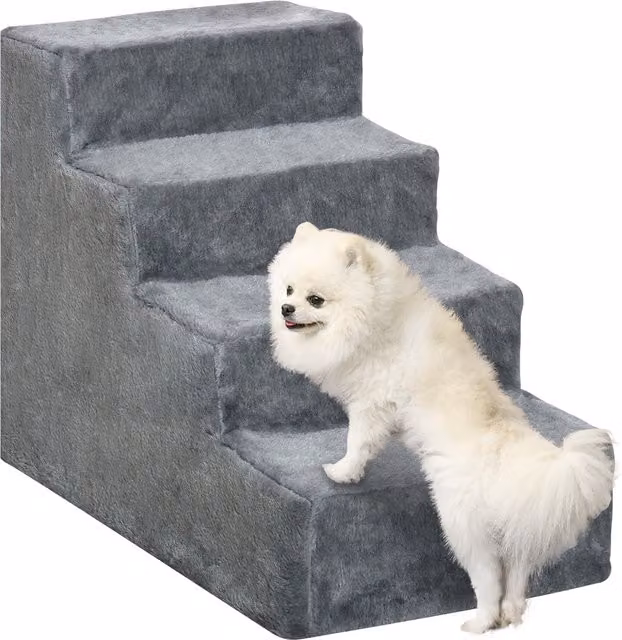 Escalera para mascotas PawHut de 4 peldaños con funda extraíble y lavable, antideslizante, color gris, An/P/Al: 60 x 35 x 44 cm