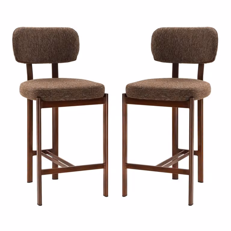 Lote de 2 taburetes Calicosy de tela marrón con estructura de metal y madera para comedor, Altura: 92 cm