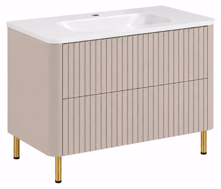 Mueble de baño moderno 3E 3xE living.com con lavabo integrado en color beige y detalles dorados, An/P/Al: 80,3 x 44,5 x 63,4 cm