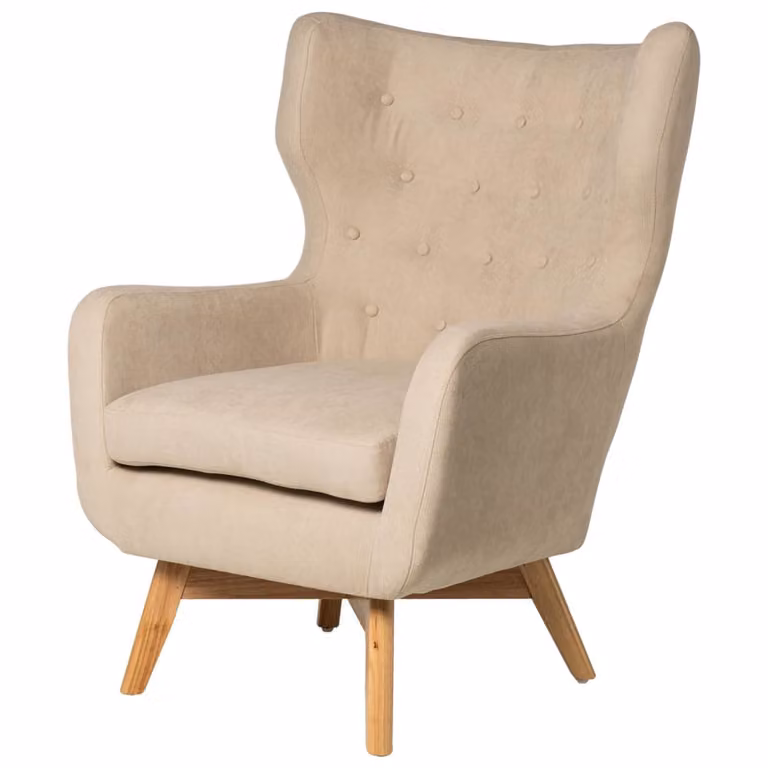 Butaca clásica Koketto Home de estilo tub con estructura de madera de roble y tapizado beige para salón o dormitorio