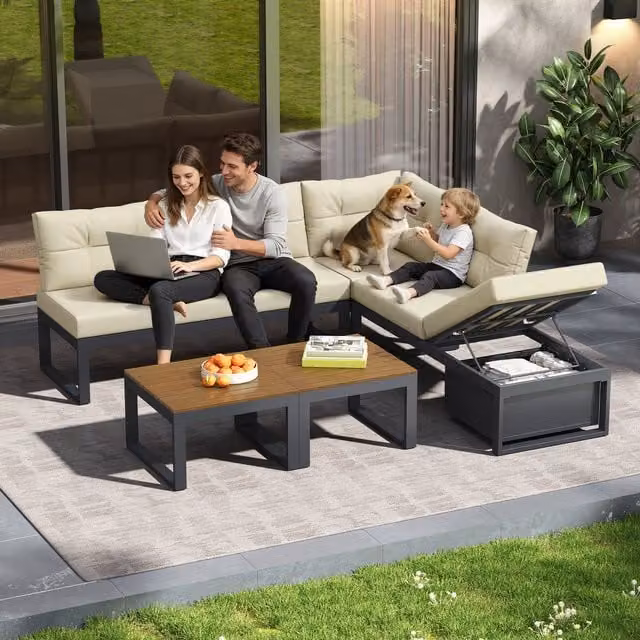 Conjunto modular de muebles de jardín en forma de L Stilvora con cojines beige y espacio de almacenamiento, An/P: 191,5 x 191,5 cm
