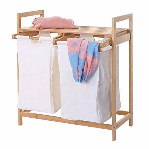 Cesto para la ropa sucia Mendler de bambú con 2 compartimentos, color blanco y marrón, capacidad de 70 l, An/P/Al: 74 x 64 x 33 cm