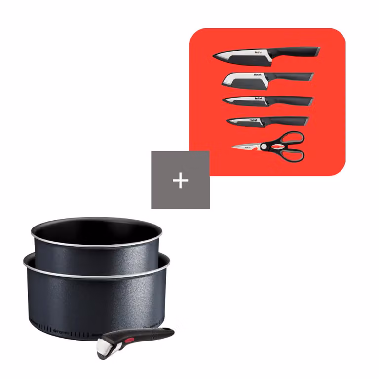 Pack Tefal Ingenio So'Light de 3 piezas con set de 4 cuchillos Comfort en color negro con revestimiento antiadherente y acero inoxidable