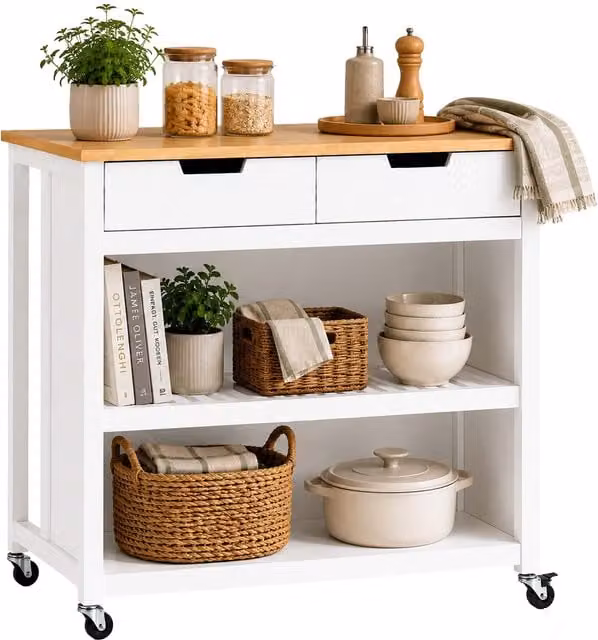 Carrito de cocina con asiento y encimera relaxdays en color blanco con 2 cajones y 2 compartimentos, An/P/Al: 94 x 100 x 60 cm