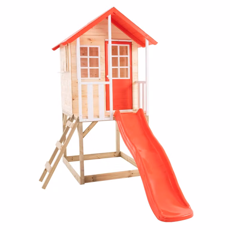 Casita de juegos TP Toys con tobogán y arenero en madera roja, marrón y blanca