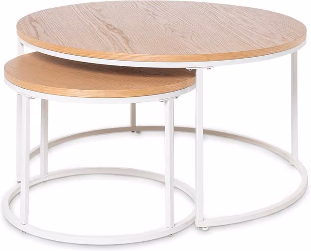 Set de mesas de centro Notus de KOKETTO HOME con estructura de metal blanca y tapa de madera de roble