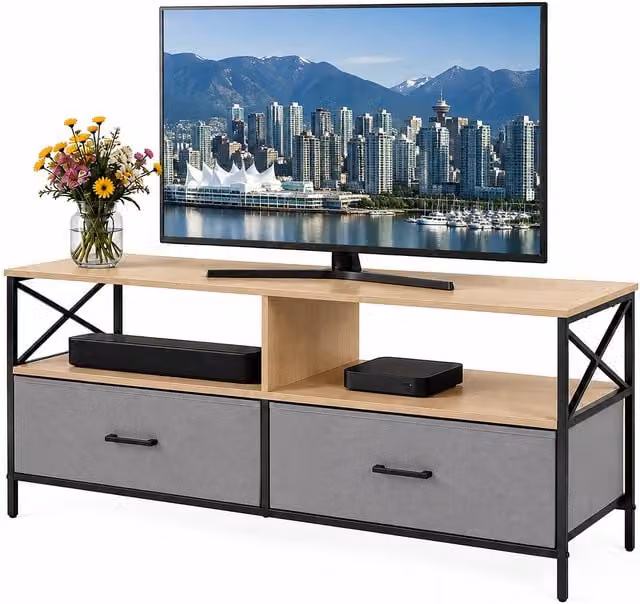 Mueble bajo para TV Relaxdays en beige y negro con compartimentos de medios, fabricado en MDF y metal, An/P/Al: 120 x 40 x 50 cm