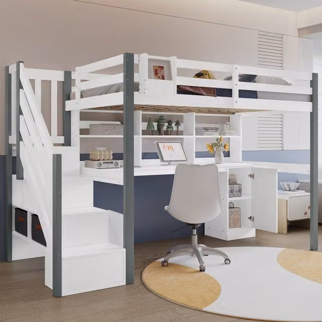 Cama Juvenil de Altura Media KELLANY con Escritorio, Taquillas y Escalera, de Pino y MDF, Blanco y Gris, An/P: 90 x 200 cm