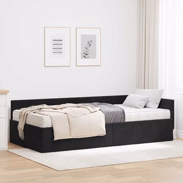 Estructura de cama de esquina con 2 colchones vidaXL en color negro y acabado de terciopelo, An/P/Al: 100 x 200 x 57 cm