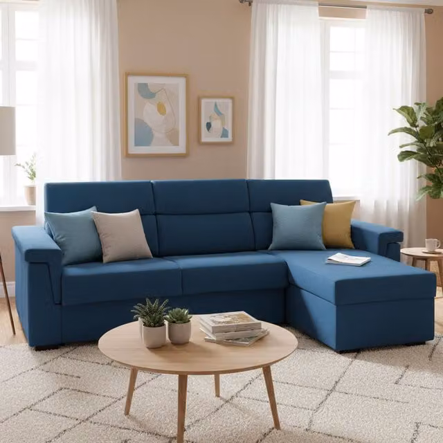 Sofá cama con chaise longue Ganzaria de DMORA en azul, desenfundable con almacenaje y acabado hidrófugo, An/P/Al: 285 x 160 cm