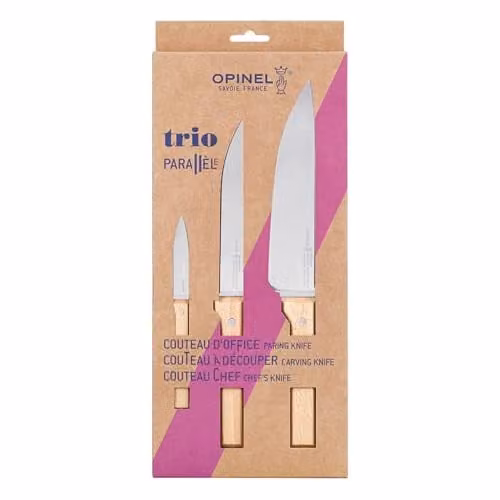 Set de cuchillos Opinel Trio Parallèle con cuchillo de chef N°118, cuchillo para cortar N°120 y cuchillo de oficina N°126 en acero inoxidable y madera de haya