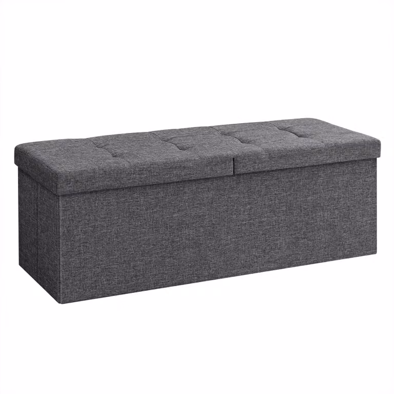 Puff de almacenaje plegable Songmics con tapa abatible y reposapiés, banco tapizado gris, An/P/Al: 110 x 38 x 38 cm