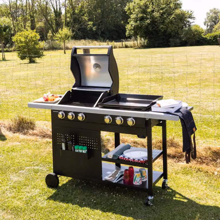 Barbacoa de gas Duo Vesuvio de Happy Garden con 6 quemadores, plancha y termómetro en color negro