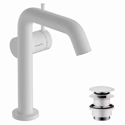 Grifo monomando para lavabo Hansgrohe Tecturis S Fine en blanco mate con vaciador Push-Open y tecnología de ahorro de agua EcoSmart+ y CoolStart