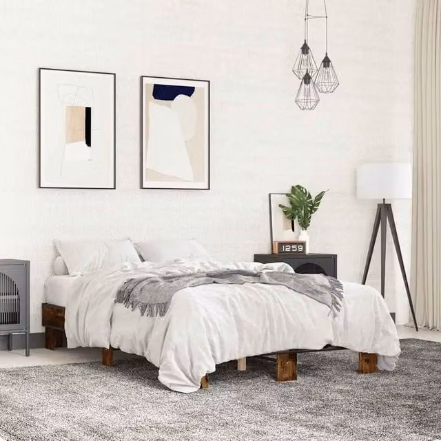 Estructura de cama Maison Exclusive en madera y metal de estilo industrial, color roble ahumado, An/P/Al: 140 x 190 x 30 cm