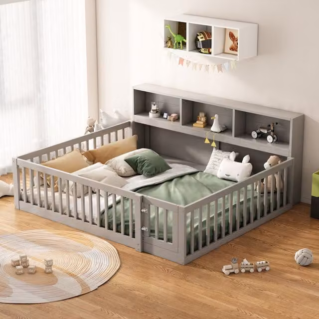 Cama diván Modenvie de madera de pino y MDF con compartimentos laterales y barandilla de seguridad, color gris, An/P/Al: 140 x 200 x 103 cm (sin colchón)