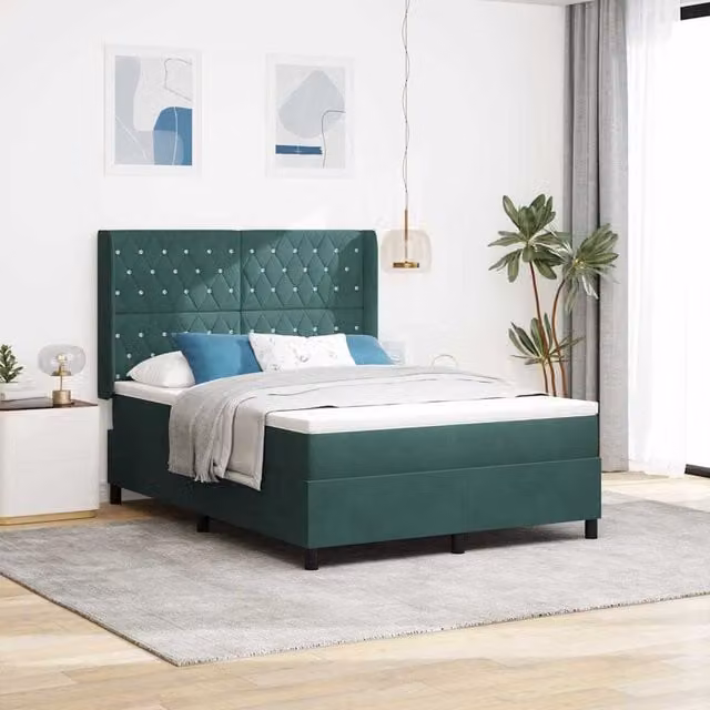 Cama tipo box spring Maison Exclusive en terciopelo verde de 140 x 200 cm