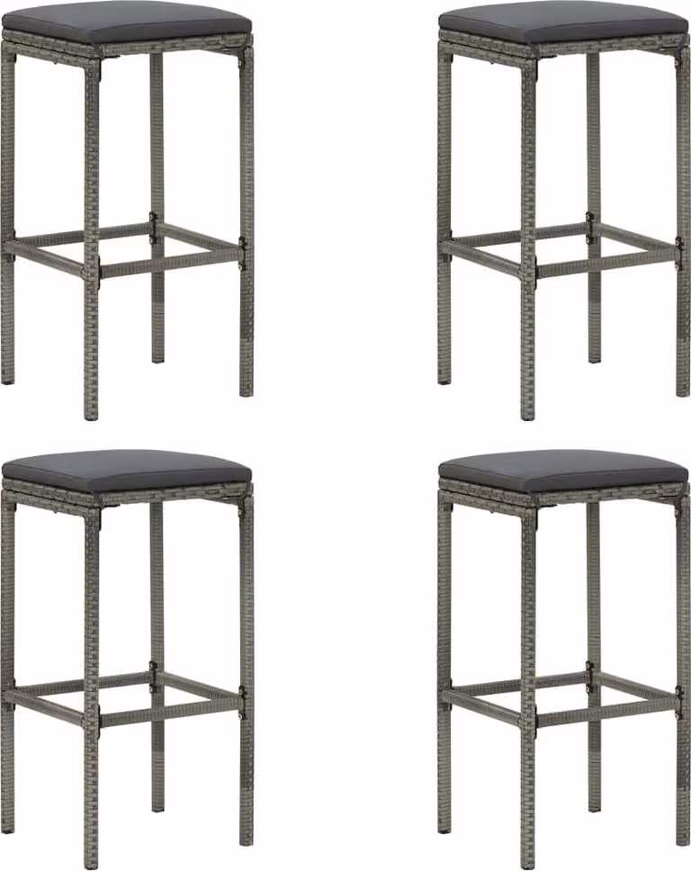 Set de 4 taburetes altos Syfax de ratán sintético y acero con cojines gris antracita