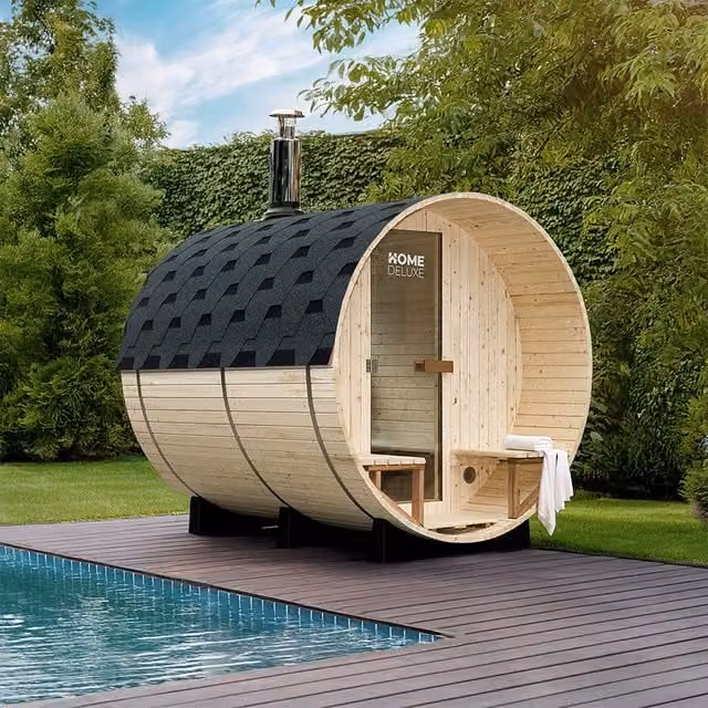 Sauna de barril Home Deluxe LAGOM DELUXE con estufa de leña en color marrón, capacidad para 4-6 personas, Diámetro: 210 cm, Altura: 240 cm