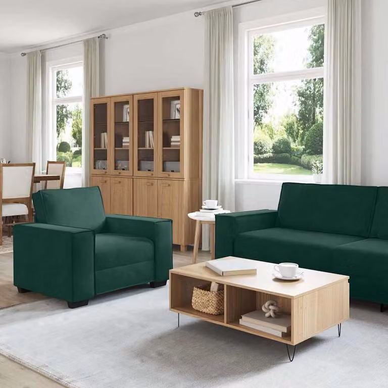 Juego de sofás de 3 piezas vidaXL tapizados en terciopelo verde oscuro con cojines y reposabrazos para salón o despacho