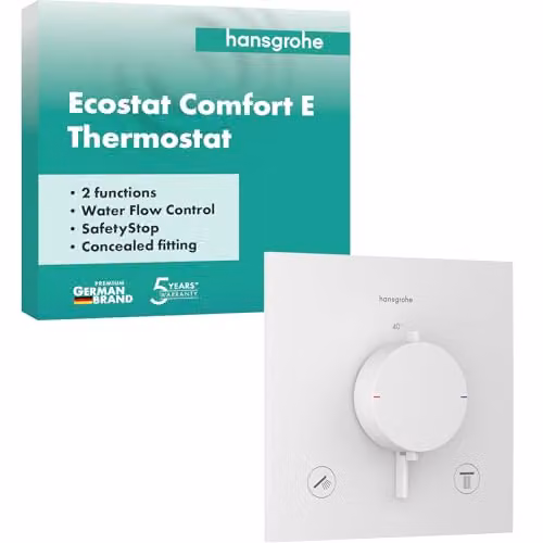 Termostato de ducha empotrado Hansgrohe Ecostat Comfort E con SafetyStop, monomando de 2 funciones, blanco mate