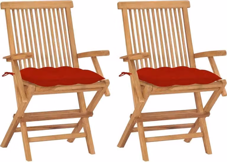 Set de 2 sillas de jardín Syfax de madera de teca con cojines rojos y reposabrazos