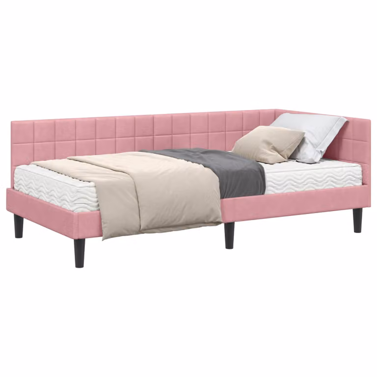 vidaXL Estructura de Cama de Esquina con 2 Colchones de Terciopelo Rosa, An/P: 100 x 200 cm
