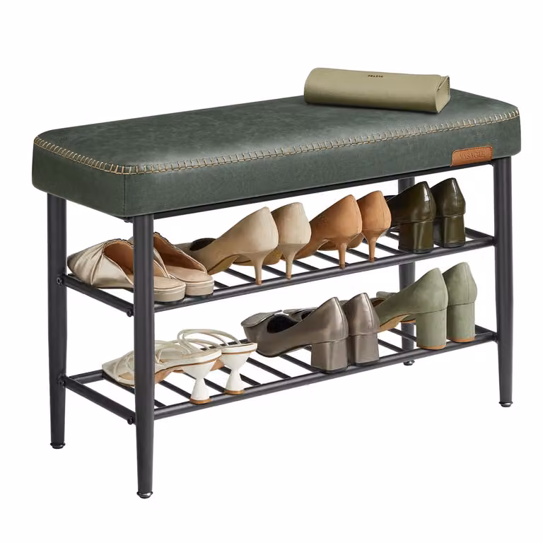 Banco zapatero VASAGLE con asiento de piel sintética en color verde y negro, An/P/Al: 80 x 30 x 50 cm