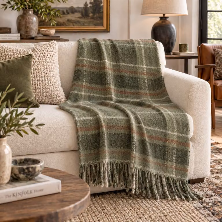 Manta de mohair Alo Home con estampado de cuadros tartán y flecos en color verde, An/P: 130 x 170 cm