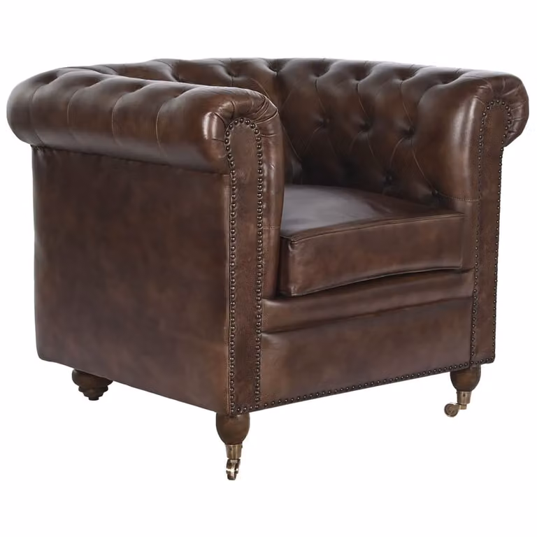 Sillón Chesterfield NIYLO de cuero marrón con ruedas An/P/Al: 84 x 77 x 77 cm