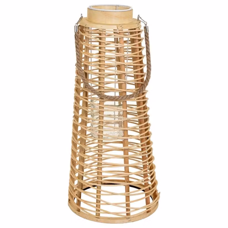 Farol portavelas de ratán y cristal Wanderlust deco marrón para mesa