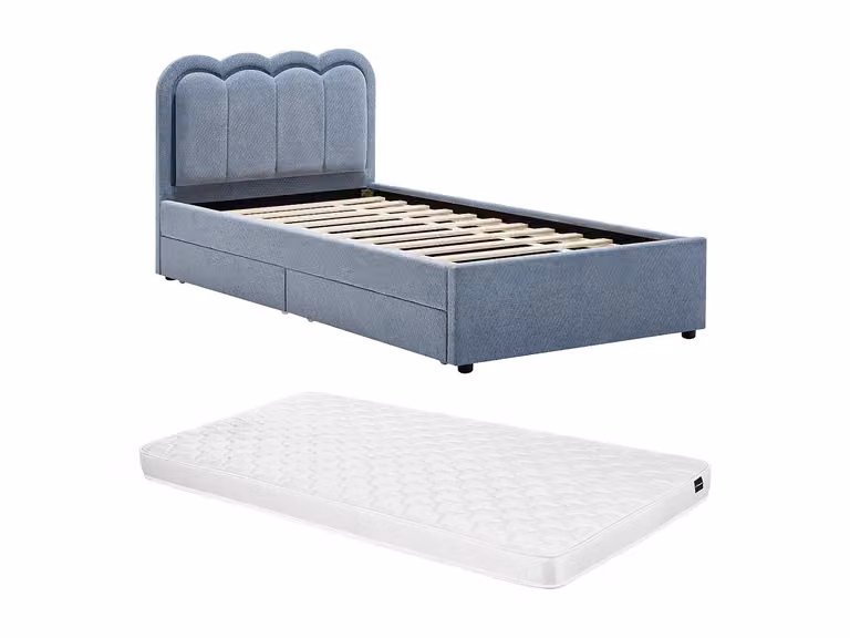 Cama con 2 cajones y luces LED NESTIAKO en chenilla azul claro con colchón de espuma, An/P/Al: 90 x 190 cm