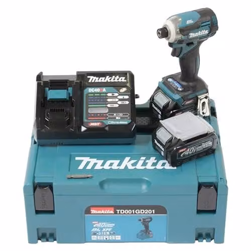 Atornillador de impacto inalámbrico Makita TD001GD201 de 40V con 2 baterías de 2,5 Ah, cargador y maletín Makpac