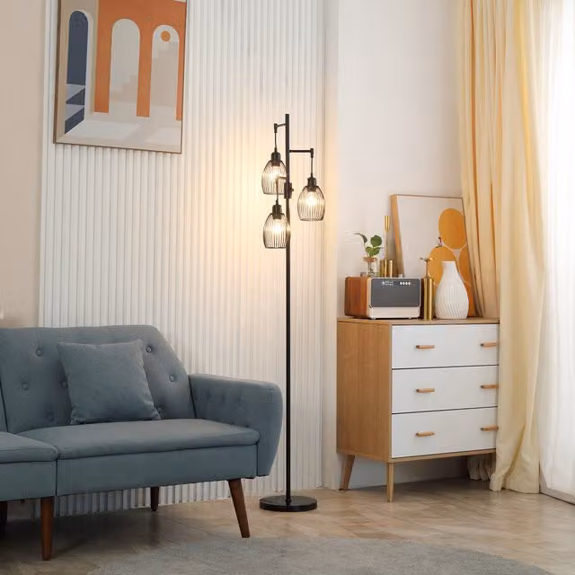 Lámpara de pie de estilo industrial PZCC con pantallas metálicas de 3 cables, brillo regulable y bombilla E27, color negro