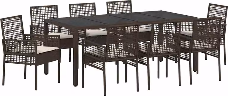 Conjunto de comedor de jardín Syfax de 9 piezas en ratán sintético marrón con mesa de cristal y diseño minimalista