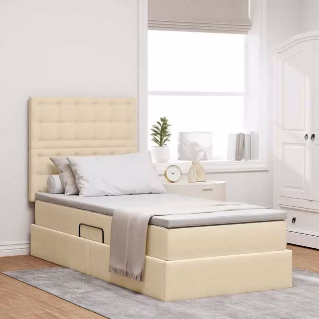 Cama con almacenamiento y base abatible Maison Exclusive en color beige y negro con colchón, An/P/Al: 90 x 190 x 128 cm