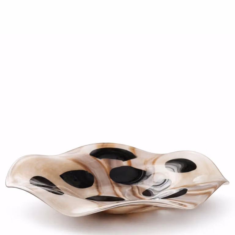 Plato decorativo de vidrio soplado Sia Deco en beige y blanco con diseño boho y puntos, Diámetro: 40,5 cm