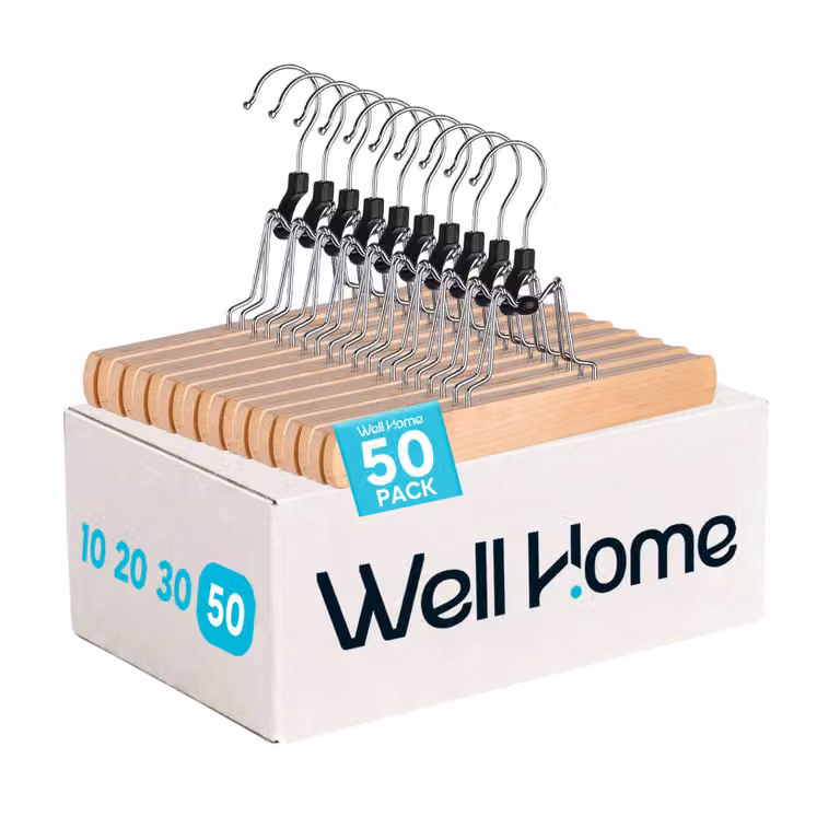 Set de 50 perchas de madera WELLHOME beige con pinzas antideslizantes y gancho giratorio para pantalones y faldas