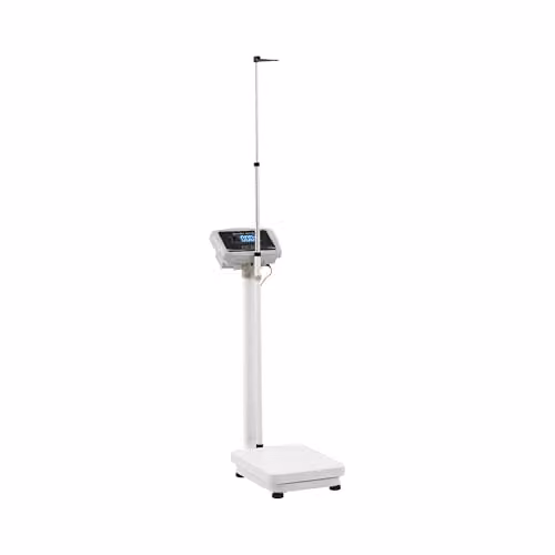 Báscula digital de columna Steinberg Systems para medir peso y estatura en acero inoxidable y plástico, color blanco, capacidad 180 kg, precisión 50 g, An/P: 30 x 40 cm