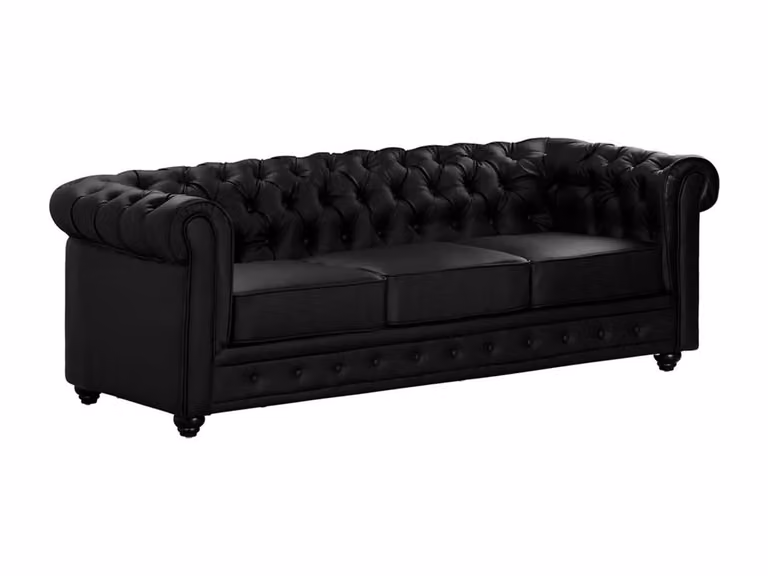 Sofá Chesterfield de 3 plazas Vente-Unique en piel sintética color negro con estructura de madera sólida