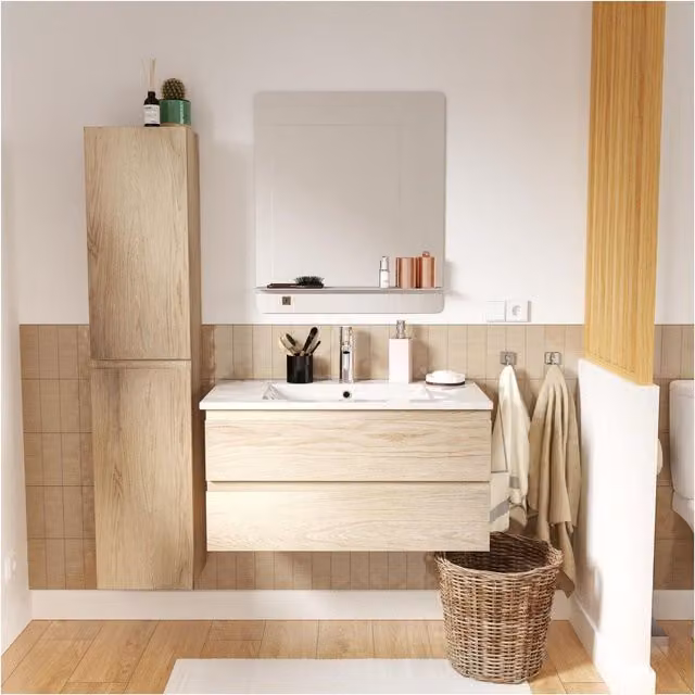 Juego de muebles de baño Sorrento de Mob-In con mueble lavabo, armario espejo y columna en color beige y roble