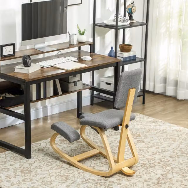 Silla de rodillas ergonómica HOMCOM de madera de abedul con respaldo y tapizado de tela, color gris, ideal para tu oficina en casa