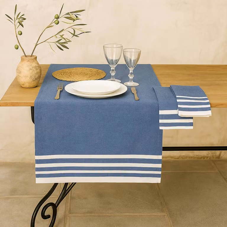 Camino de mesa de algodón Febronie con diseño mediterráneo de rayas en azul petrol, An/P/Al: 150 x 50 cm