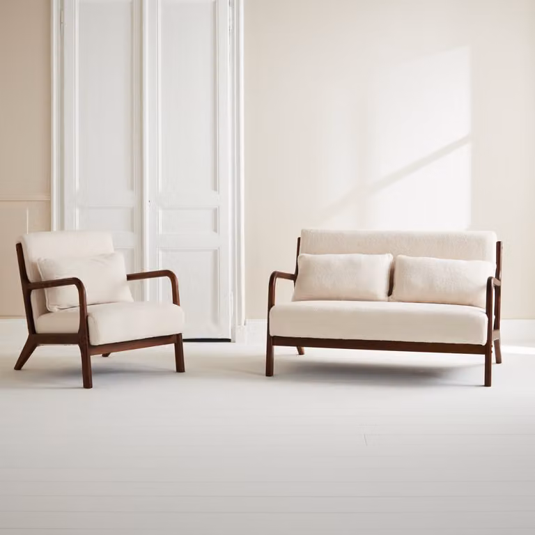 Conjunto de banco de 2 plazas y sillón de estilo escandinavo con tejido borreguito y madera de caucho, Crema y Marrón