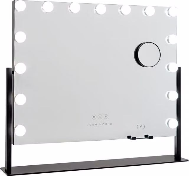 Espejo de maquillaje Flamingueo con 15 luces LED regulables, control táctil y estructura de metal negra, An/P/Al: 64 x 54,5 x 12 cm