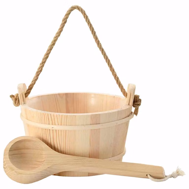 Set de 2 cubos y cazo para sauna vidaXL en madera de pino sólida y cáñamo color marrón