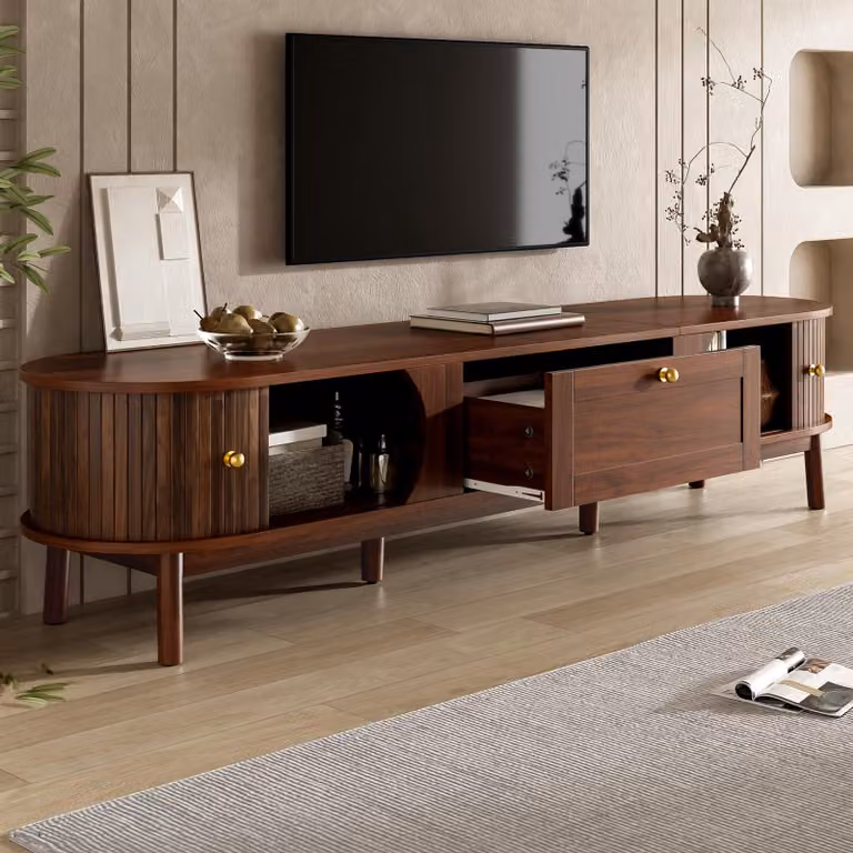 Mueble de TV moderno STILVORA en color marrón y dorado, fabricado en MDF con cajones y puertas correderas, An/P/Al: 170 x 39,5 x 38 cm